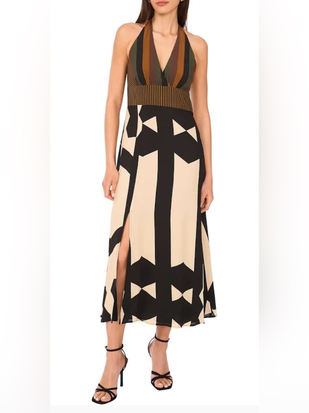 NWT Vince Camuto Women's Mixed-Print V-Neck Maxi Halter Dress